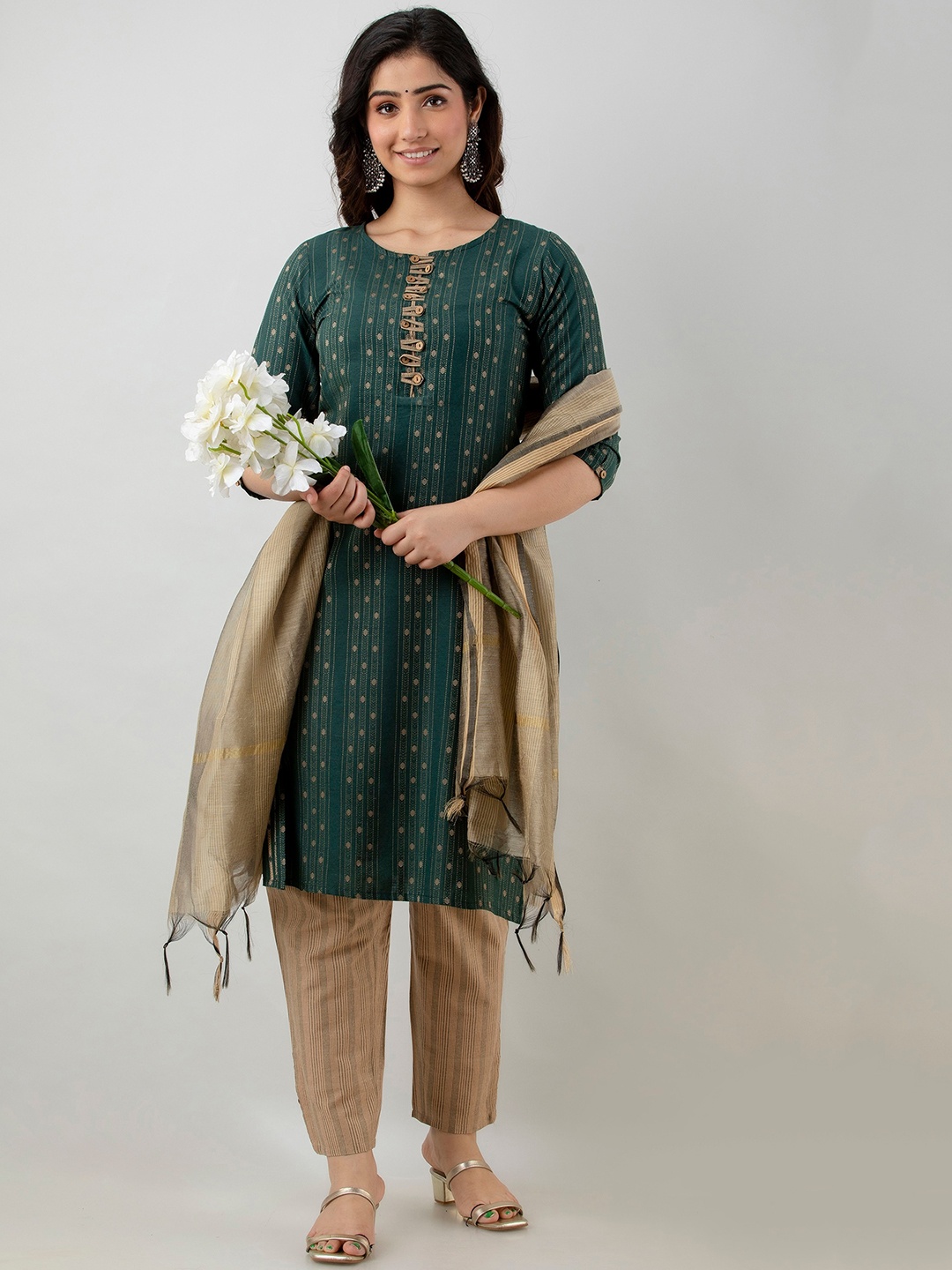 

CKM Women Green Empire Kurti with Trousers