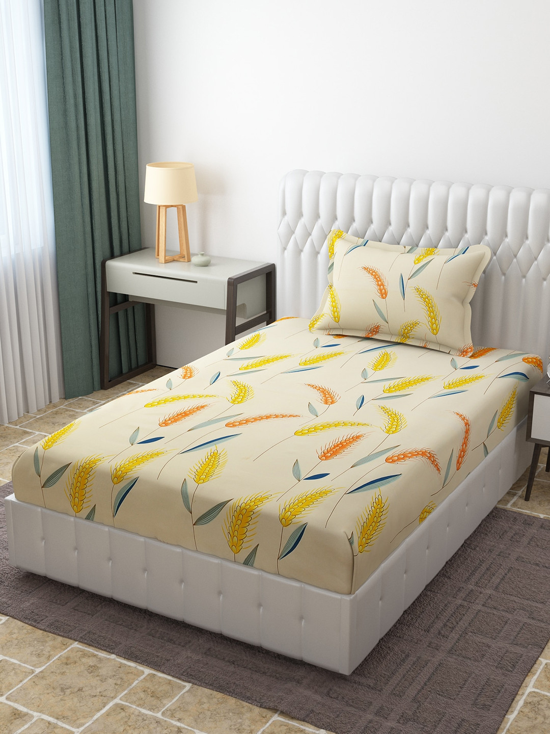 

Molly & Michel Cream-Coloured & Yellow Floral 210 TC Single Bedsheet with 1 Pillow Covers