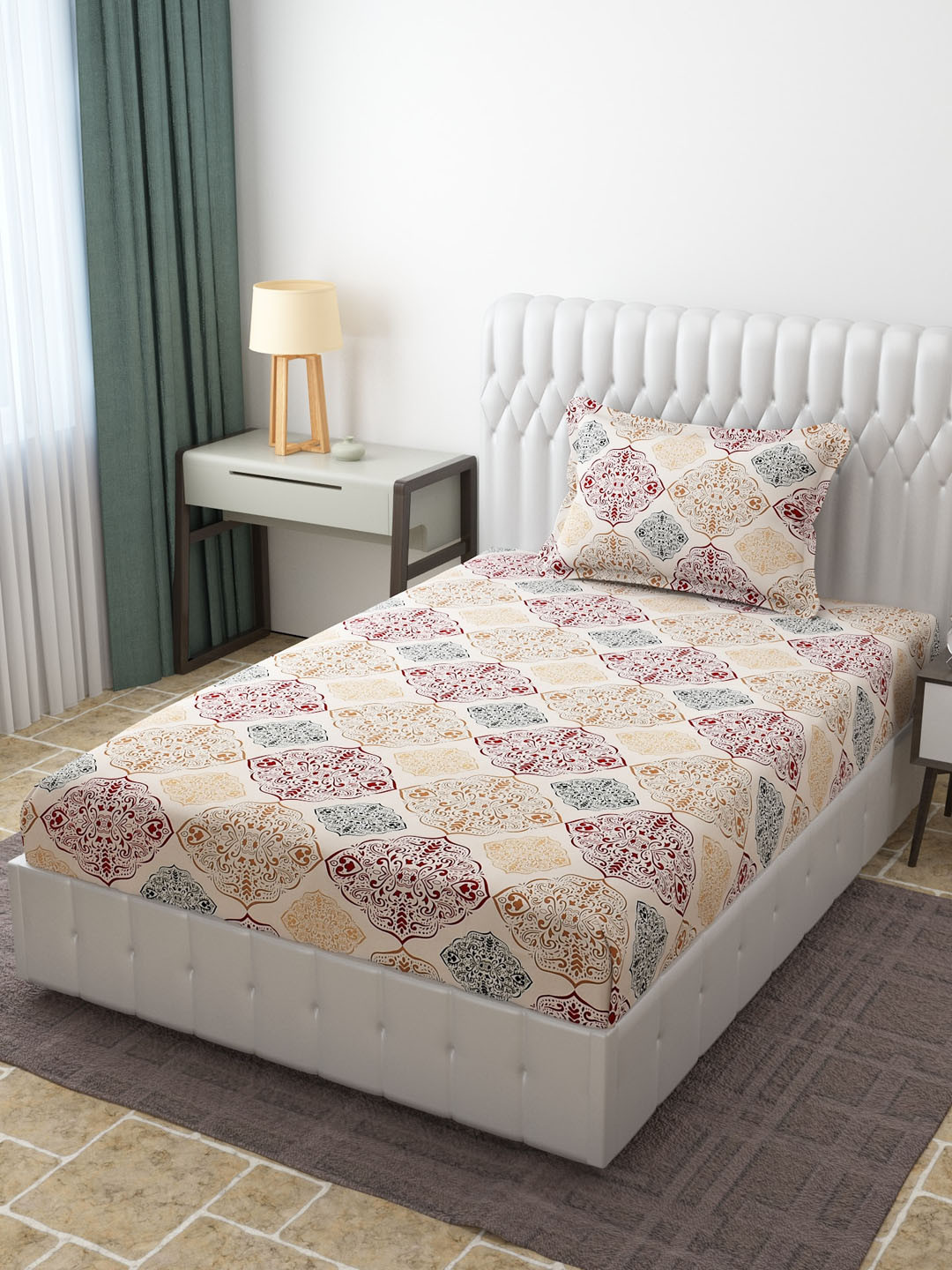 

Molly & Michel Beige & Maroon Ethnic Motifs 210 TC Single Bedsheet with 1 Pillow Covers