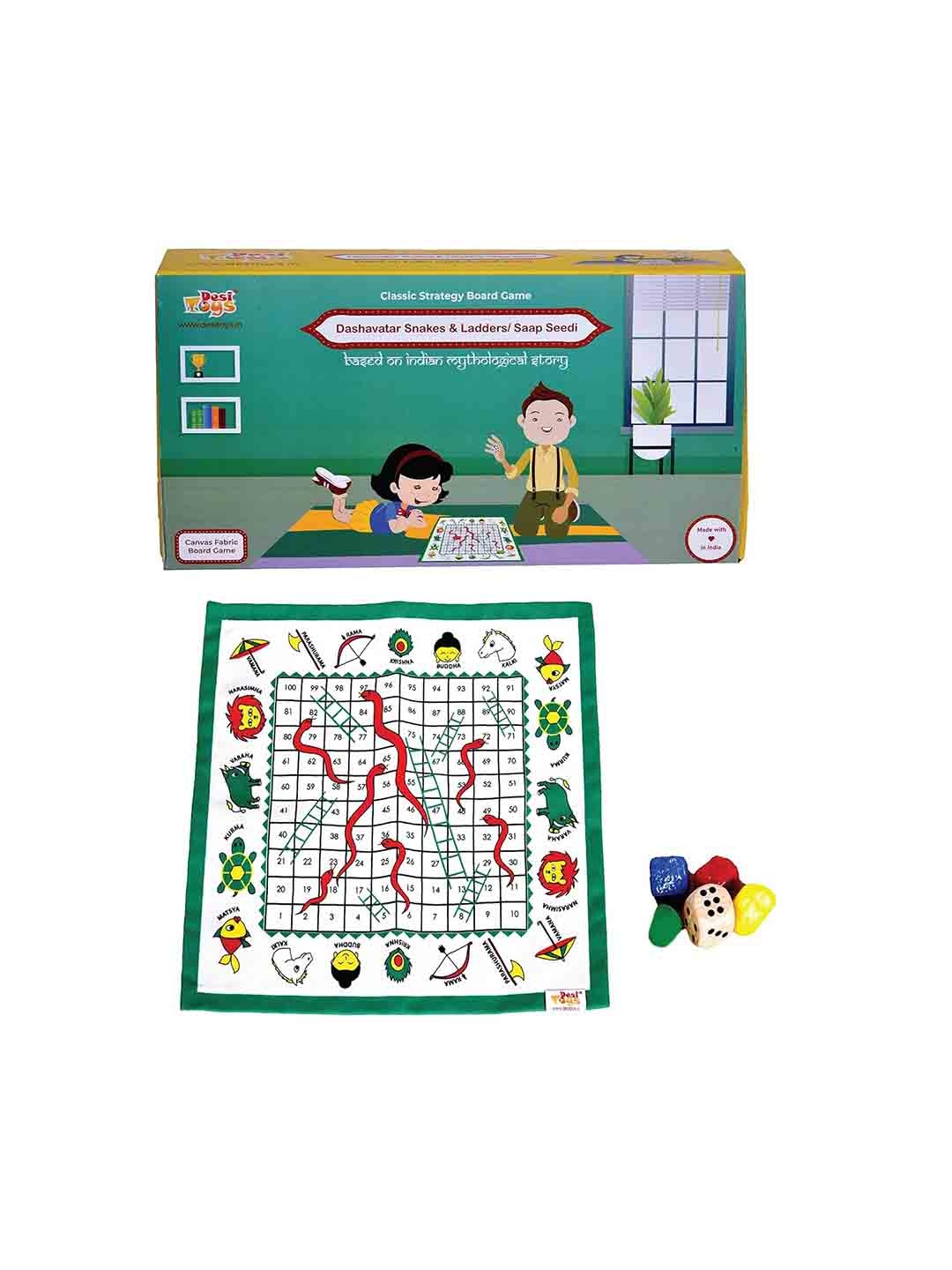 

Desi Toys Kids Green & White Dashavatar Snakes & Ladders Classic Strategy Board Game