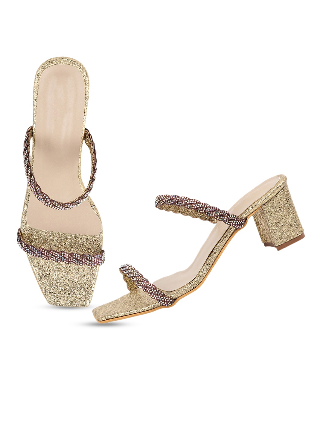 

THE WHITE POLE Gold-Toned Embellished Party Block Pumps