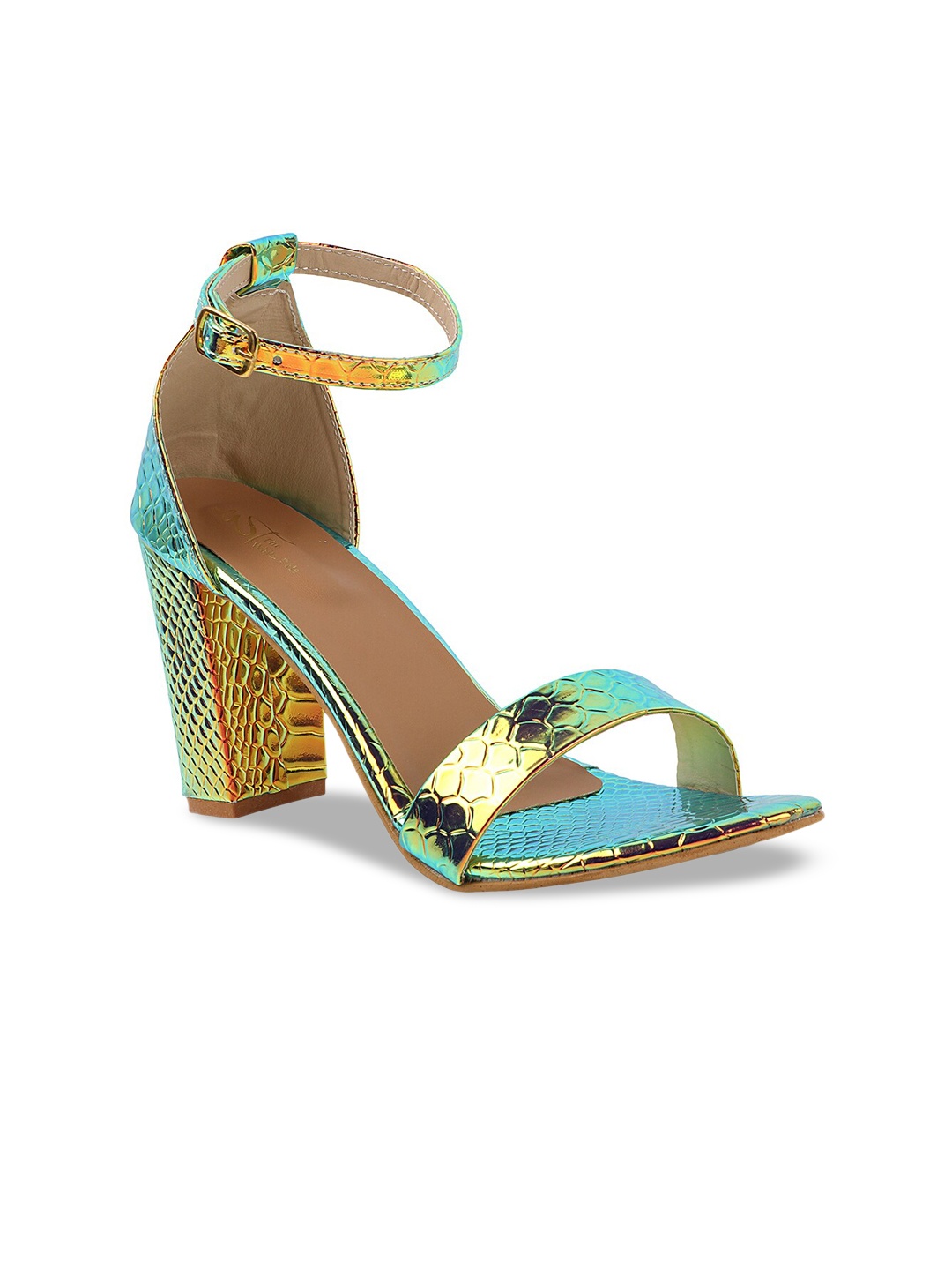 

THE WHITE POLE Green & Gold-Toned Textured Block Heels
