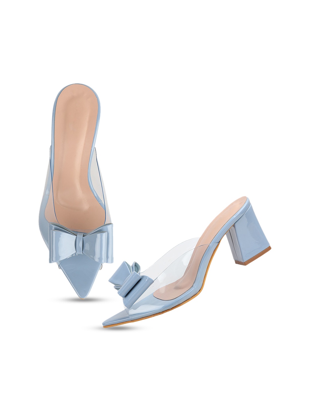 

THE WHITE POLE Grey Printed Party Block Mules with Bows