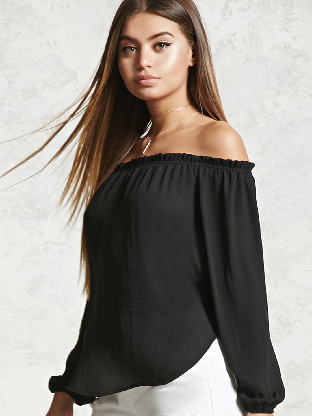 

FOREVER 21 Women Black Solid Bardot Top