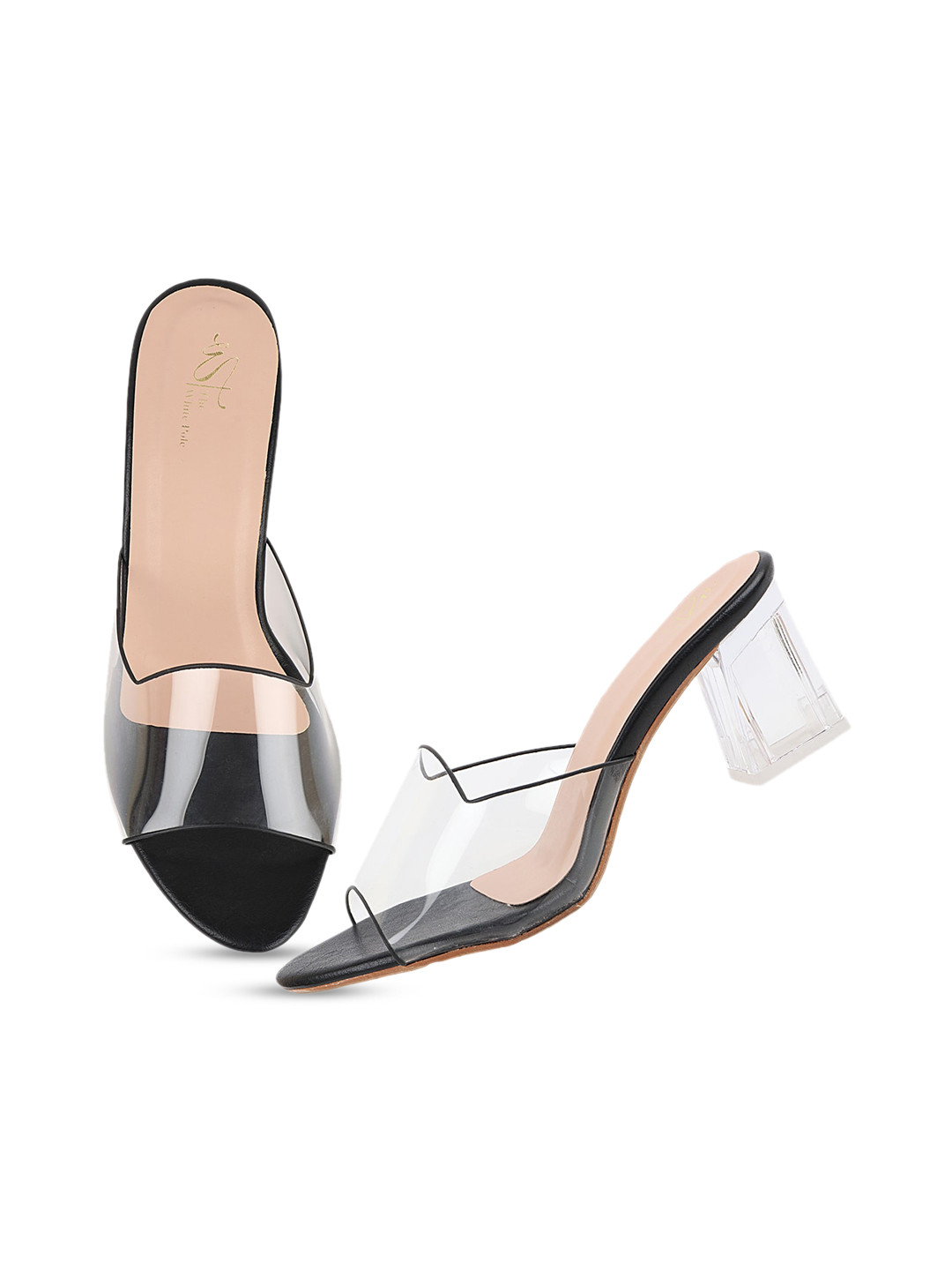 

THE WHITE POLE Black & Transparent Open Back Block Mules