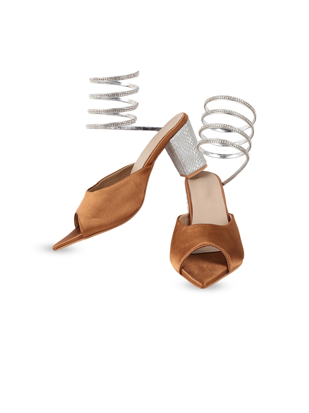 

THE WHITE POLE Brown & Silver-Toned Party Block Mules