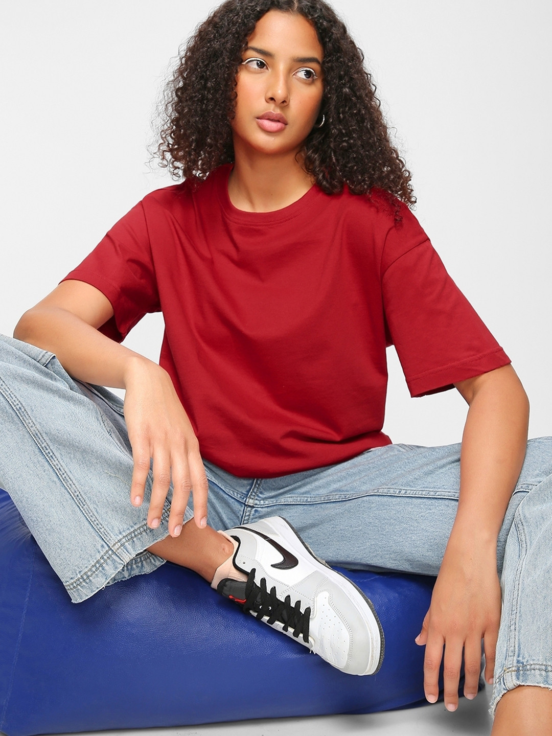 

Bewakoof Women Red Cotton Drop-Shoulder Sleeves Oversized T-shirt