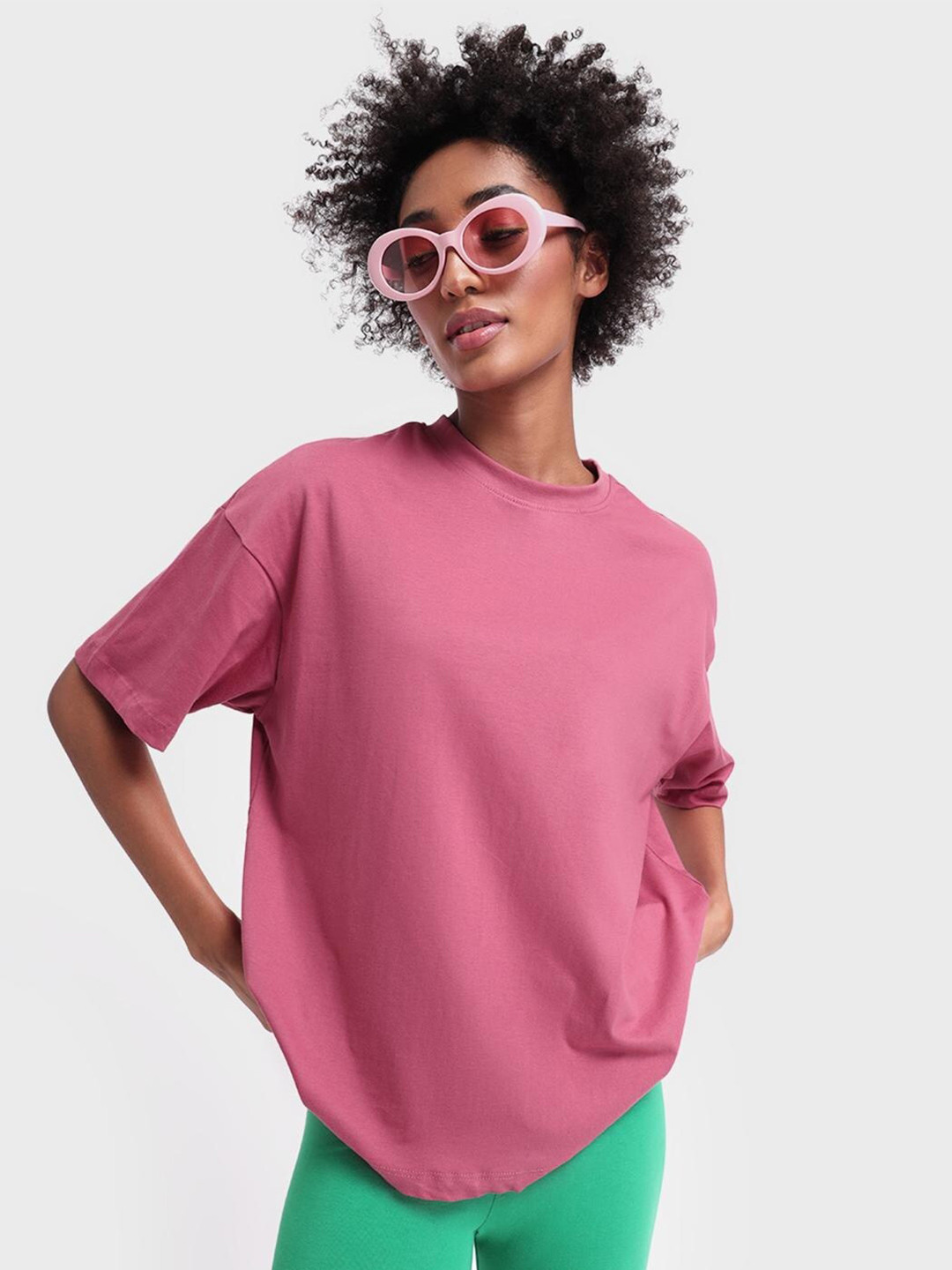 

Bewakoof Women Pink Cotton Drop-Shoulder Sleeves Loose T-shirt