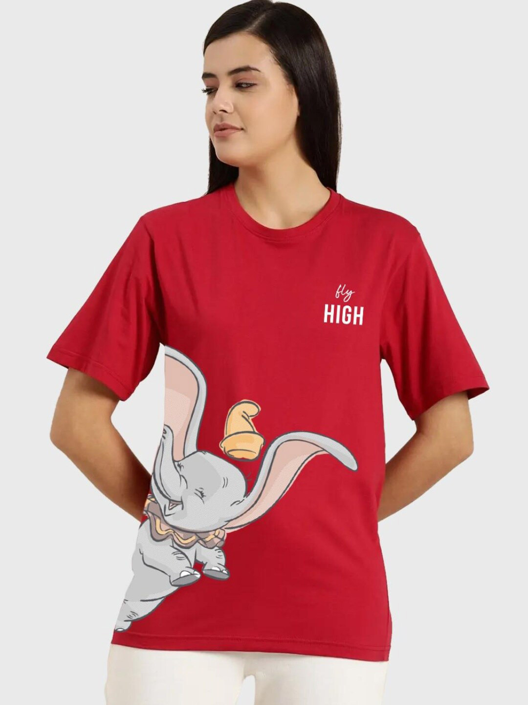 

Bewakoof Women Red & Grey Printed Cotton Oversized T-shirt