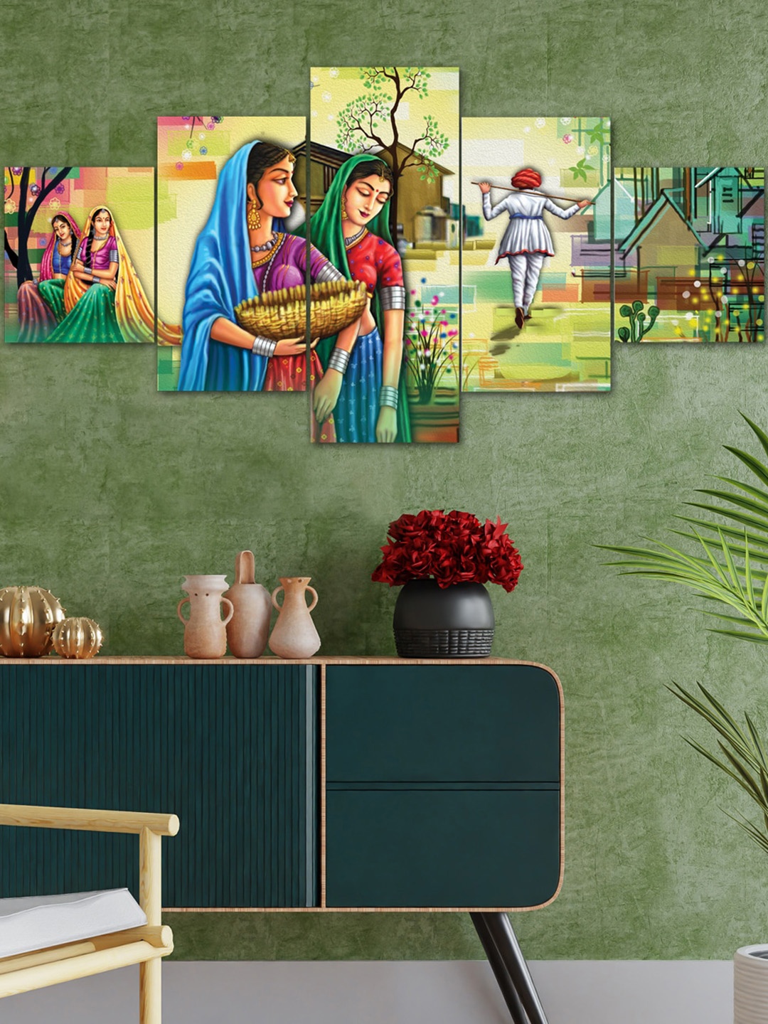 

Perpetual Multicolored Set Of 5 3D Rajasthani Painting Wall Art, Multi