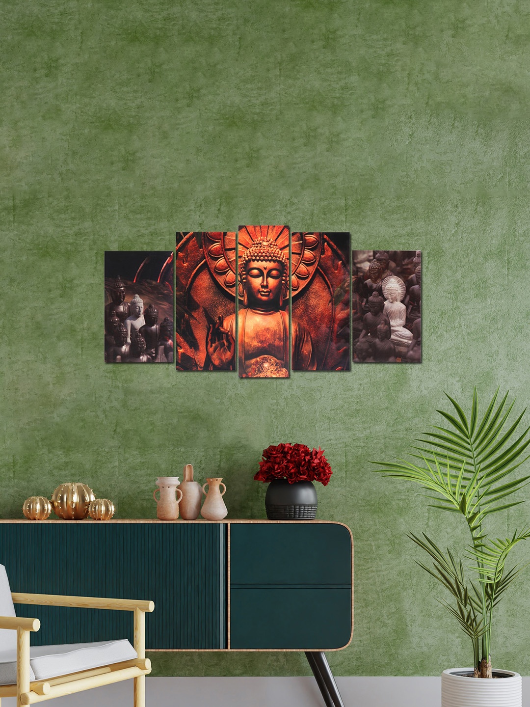 

Perpetual Multicolor Set Of 5 Buddha Painting 3d Scenery Wall Art, Brown