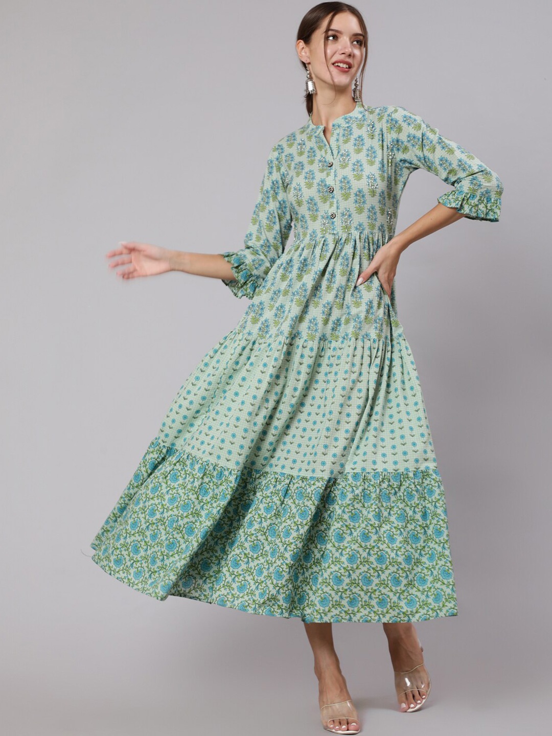 

Jaipur Kurti Women Green Ethnic Motifs Ethnic A-Line Midi Dress