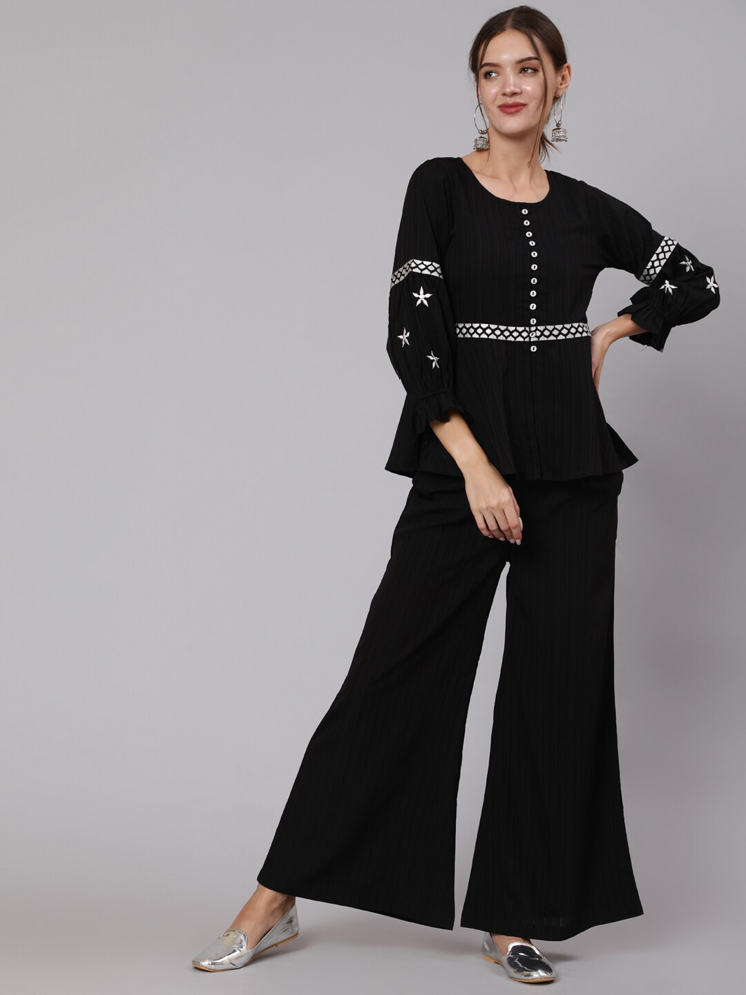 

Jaipur Kurti Women Black Striped Thread Work Detail Georgette Co-Ords