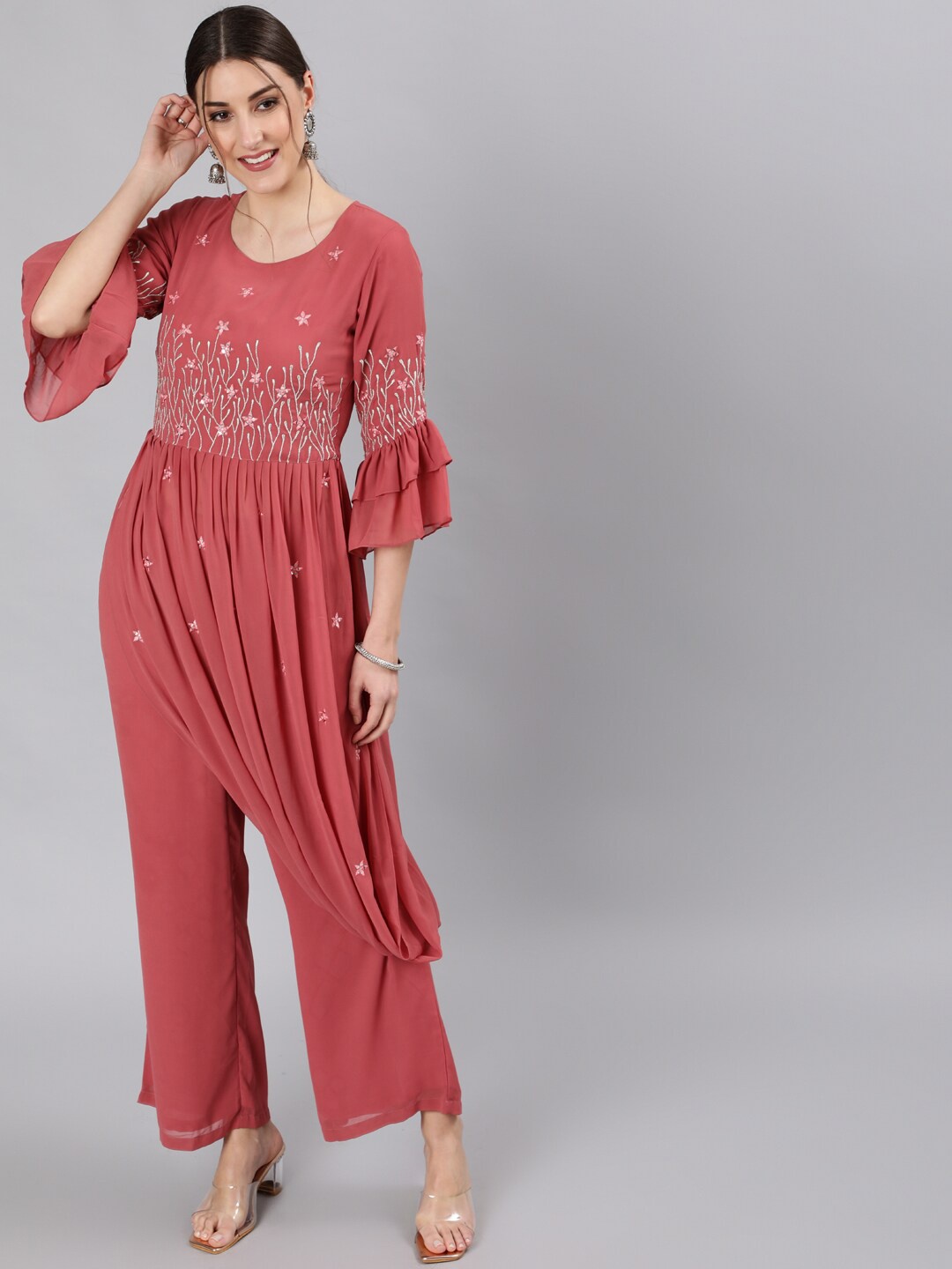 

Jaipur Kurti Women Rose Gold Floral Embroidered Kurta with Palazzos
