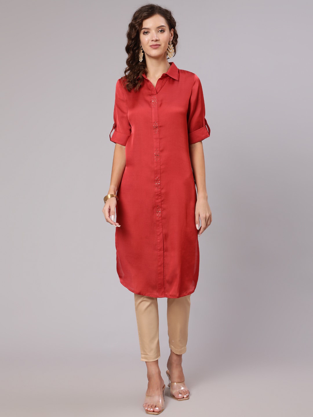 

Jaipur Kurti Women Red Chanderi Silk Pathani Kurta