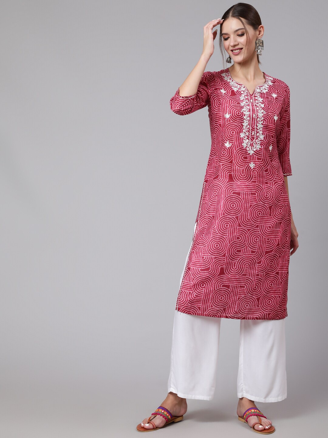 

Jaipur Kurti Women Red Ethnic Motifs Yoke Design Silk Blend Kurta