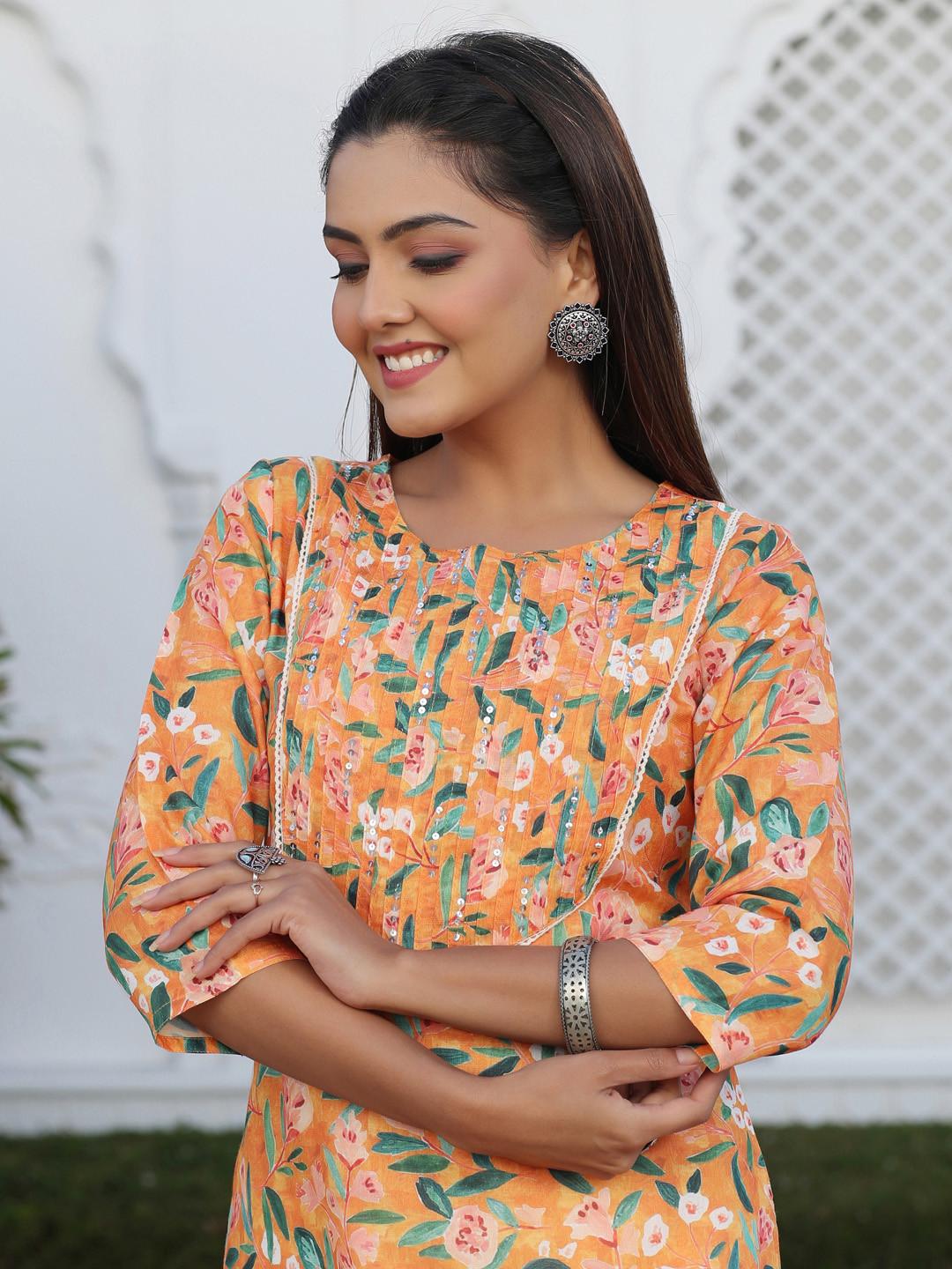 

Jaipur Kurti Women Orange Floral Yoke Design Kurta