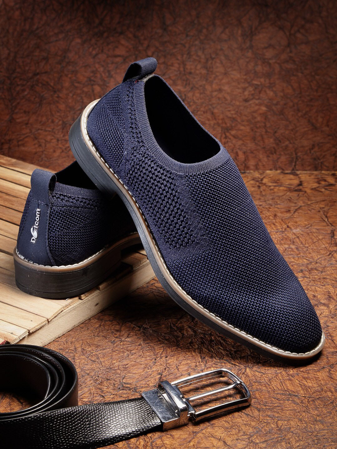 

Action Men Navy Blue Solid Leather Formal Slip-Ons