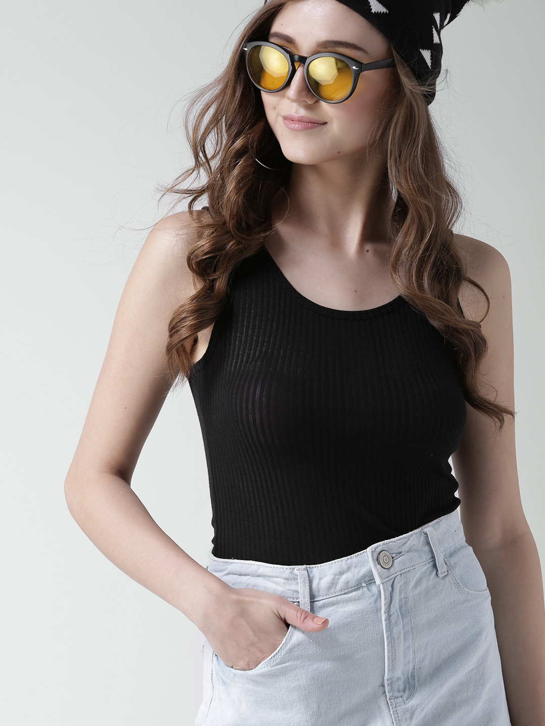 

FOREVER 21 Women Black Self-Striped Fitted Top