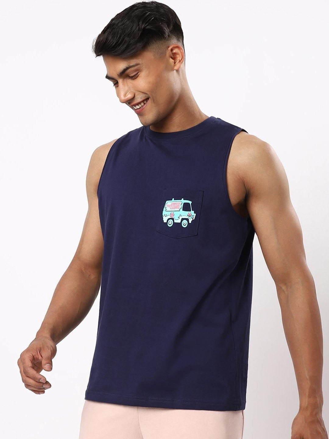 

Bewakoof Men Navy Blue Printed Cotton Innerwear Vests