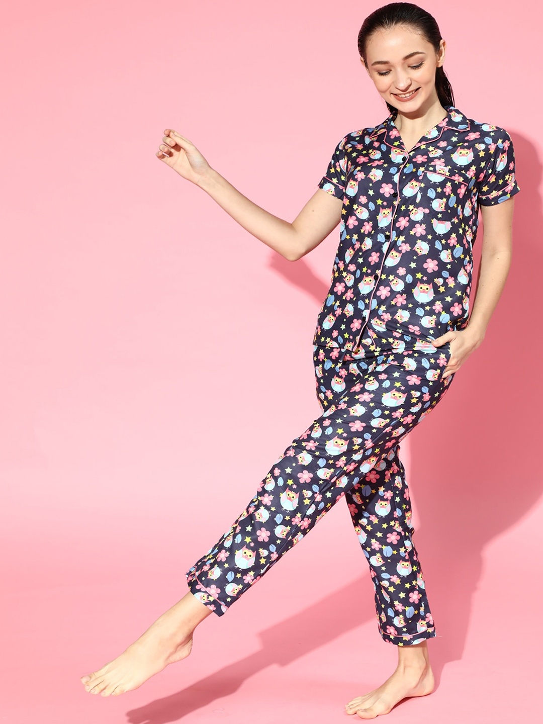 

Bellofox Women Navy Blue Printed Night suit