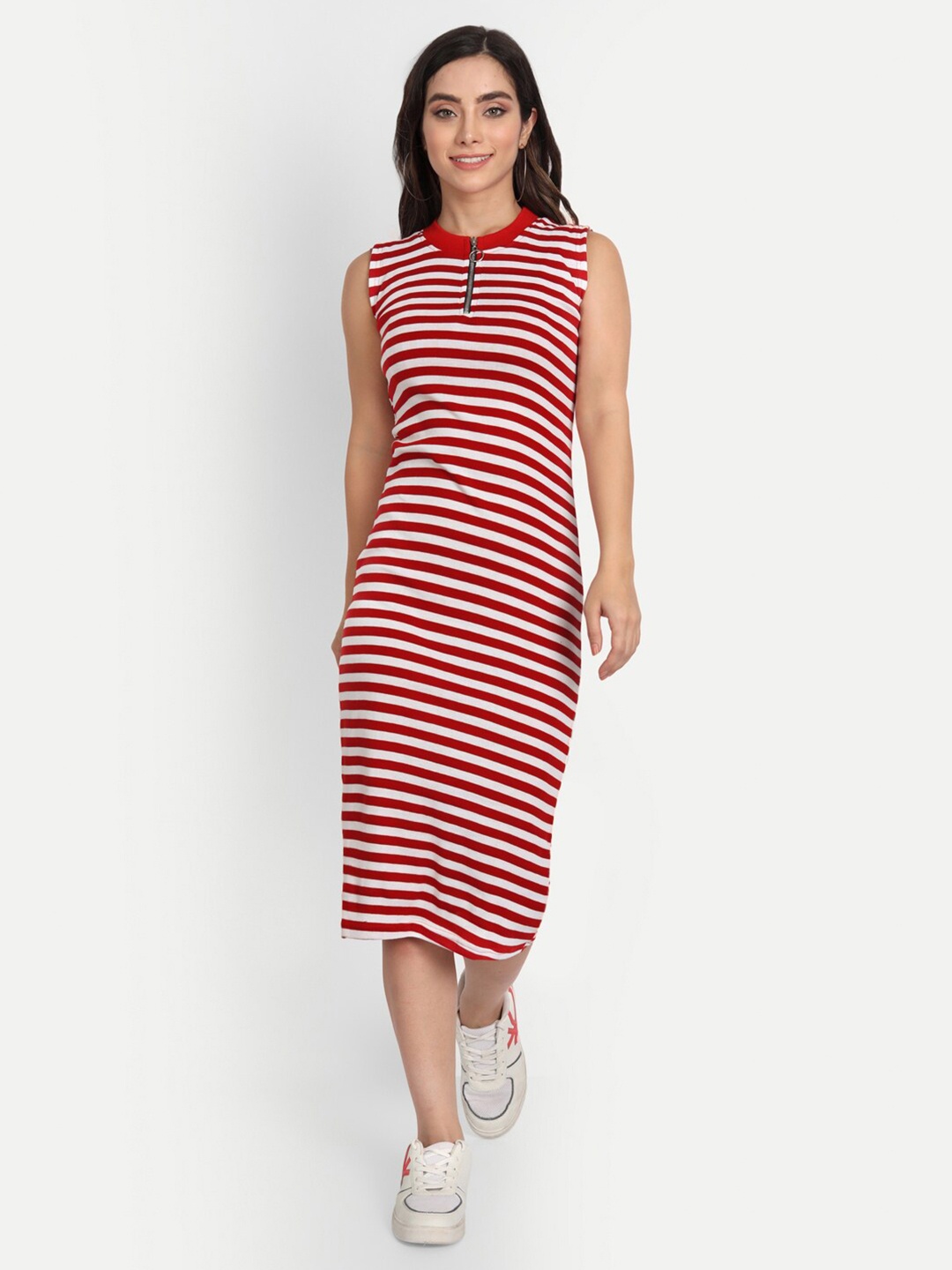 

FRAUTICA Women Red Striped Bodycon Midi Dress