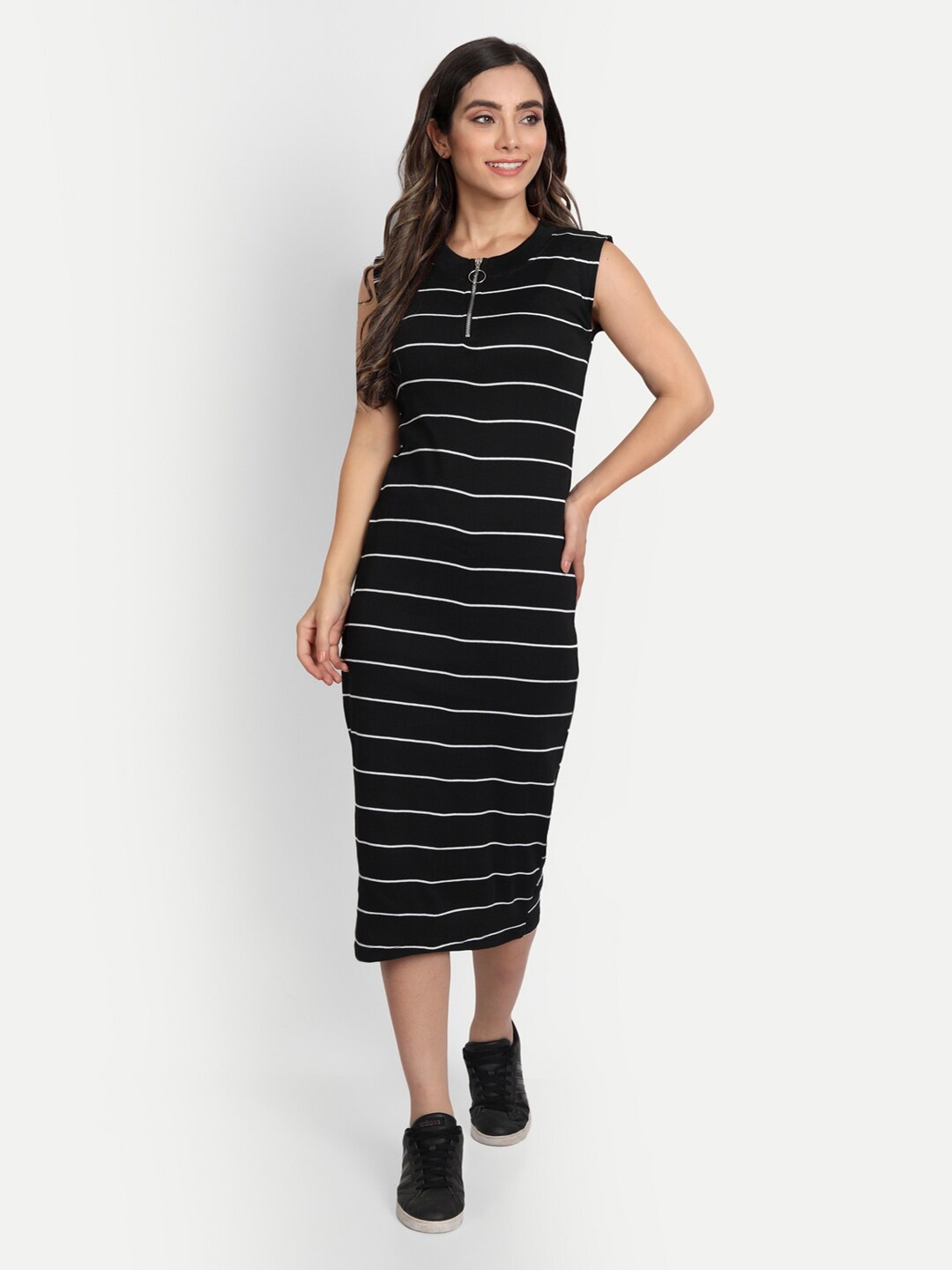 

FRAUTICA Women Black Striped Sheath Midi Dress