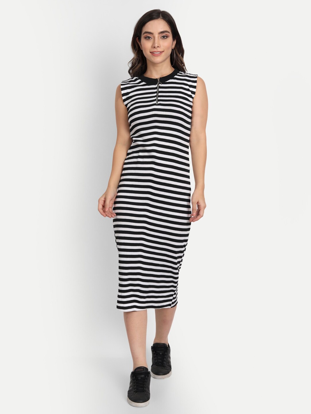 

FRAUTICA Women Black Striped Bodycon Midi Dress