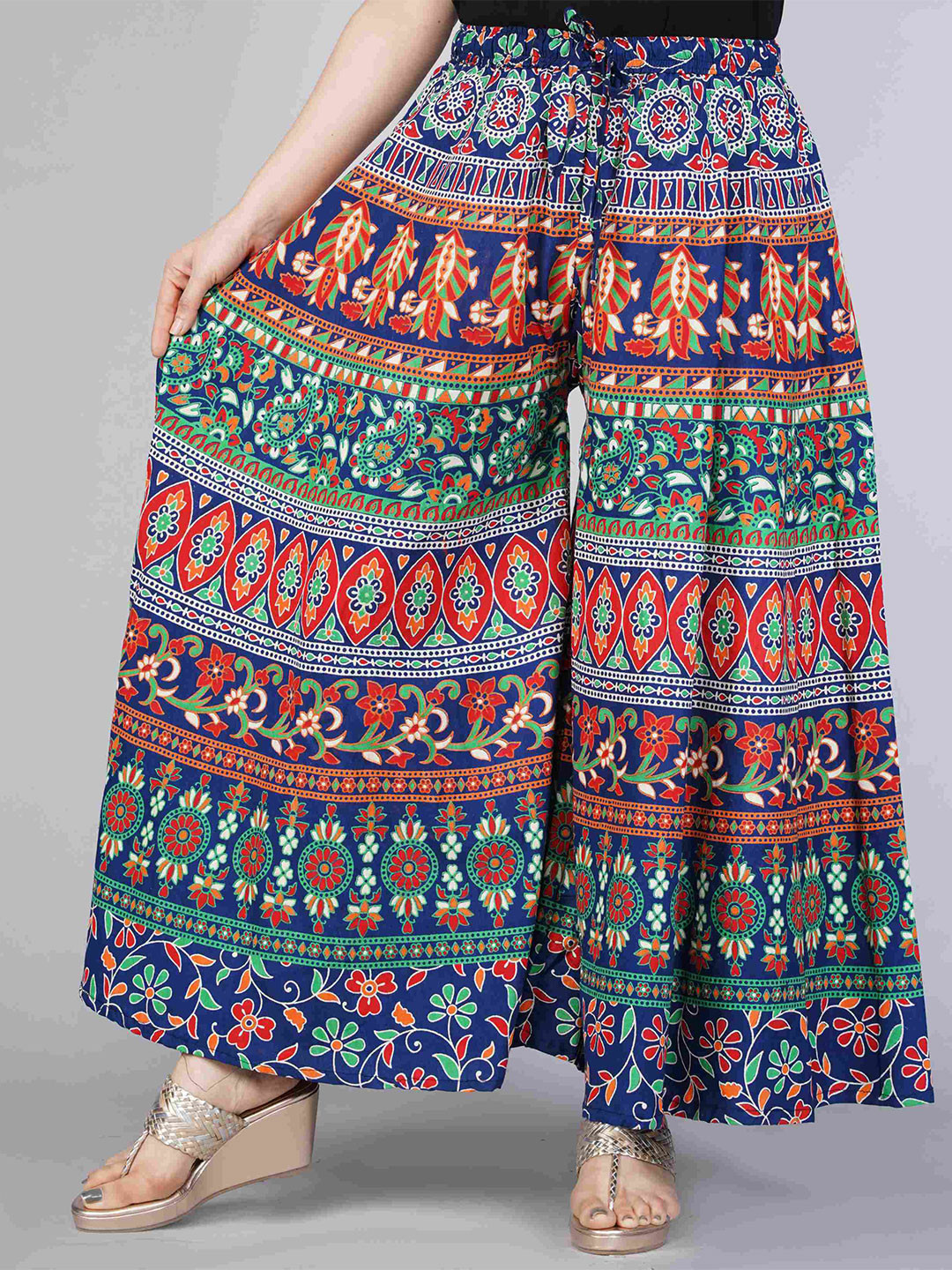 

ROOPWATI FASHION Women Blue & Green Ethnic Motifs Printed Flared Knitted Palazzos