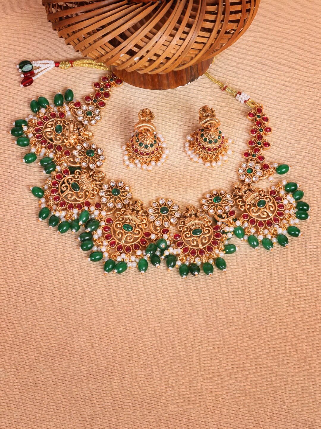 

GRIIHAM Gold-Plated & Green AD Stone-Studded Pearl Beaded Jewellery Set