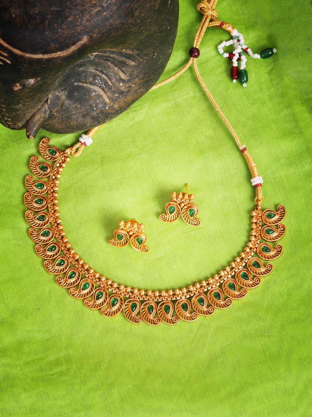 

GRIIHAM Gold-Plated Green AD Stone-Studded Jewellery Set