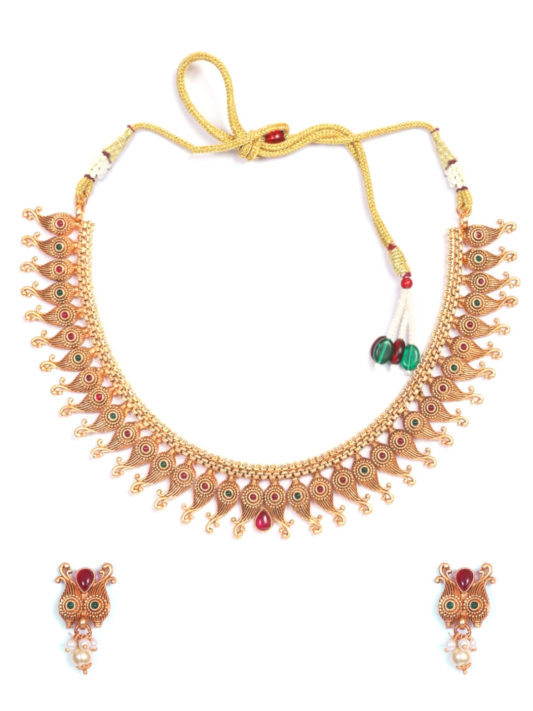 

GRIIHAM Gold-Plated Red & Green AD Studded & Beaded Jewellery Set