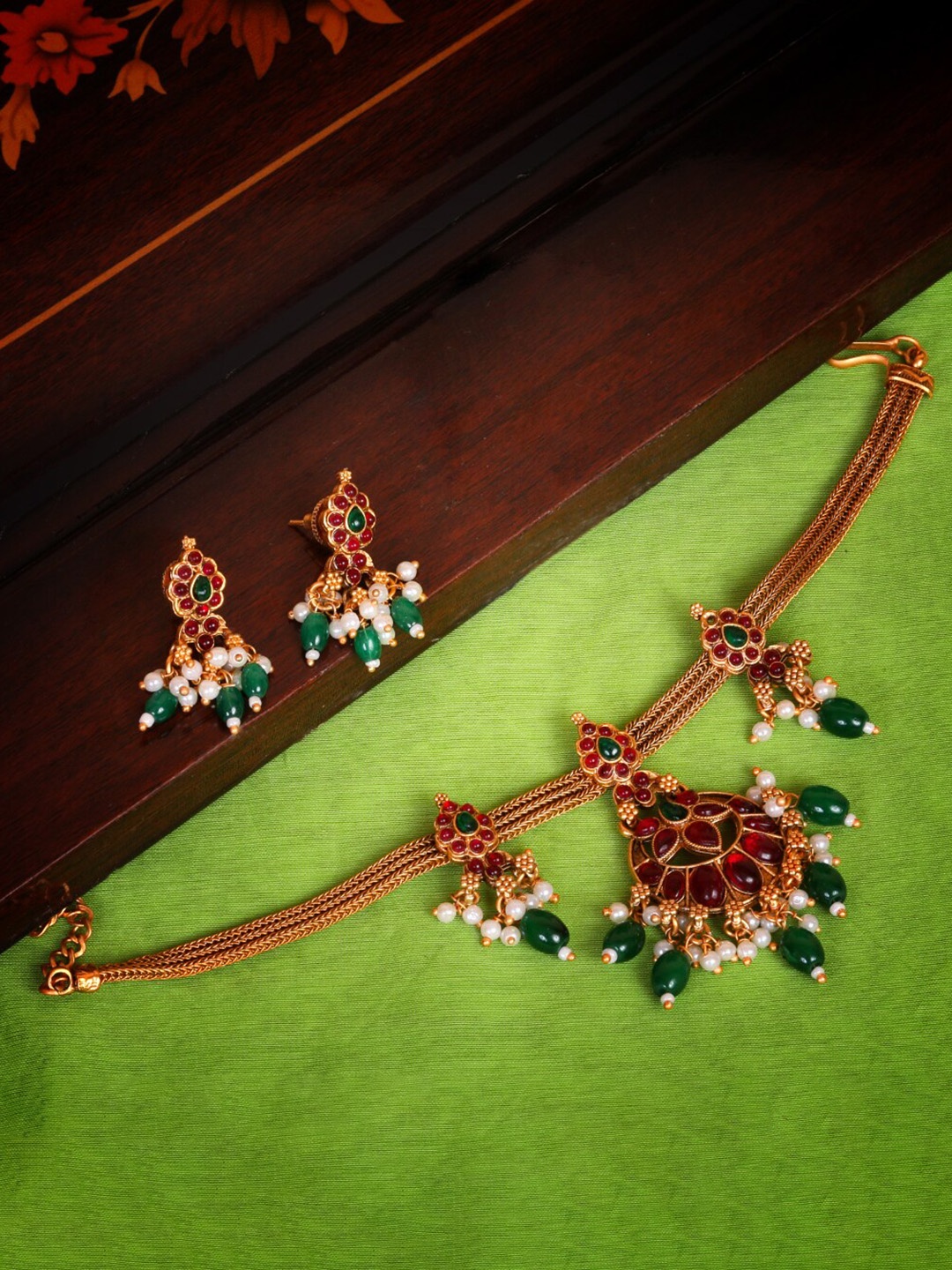 

GRIIHAM Gold-Plated Red & Green AD Stone Studded & Beaded Jewellery Set