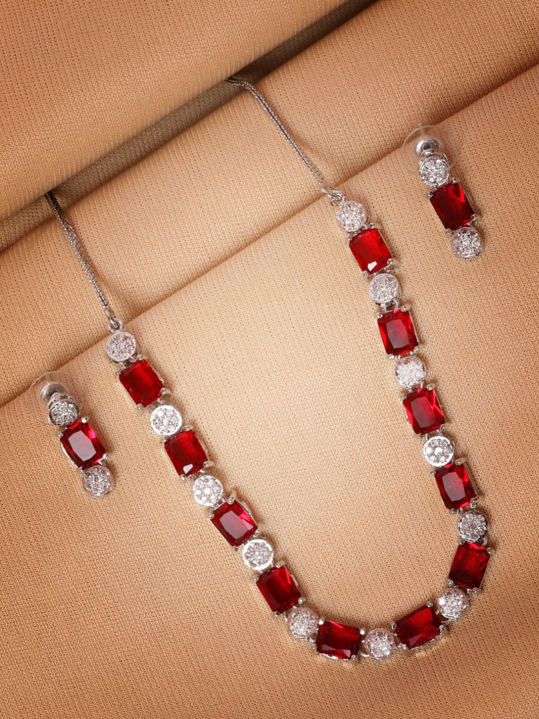 

GRIIHAM Silver-Plated CZ Studded Necklace Set, Red