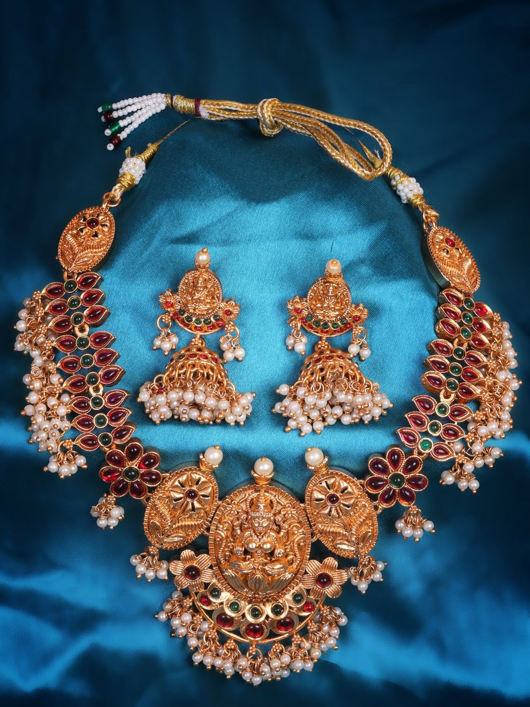 

GRIIHAM Gold-Plated Pink AD-Studded & Pearls Beaded Antique Temple Jewellery Set, Multi