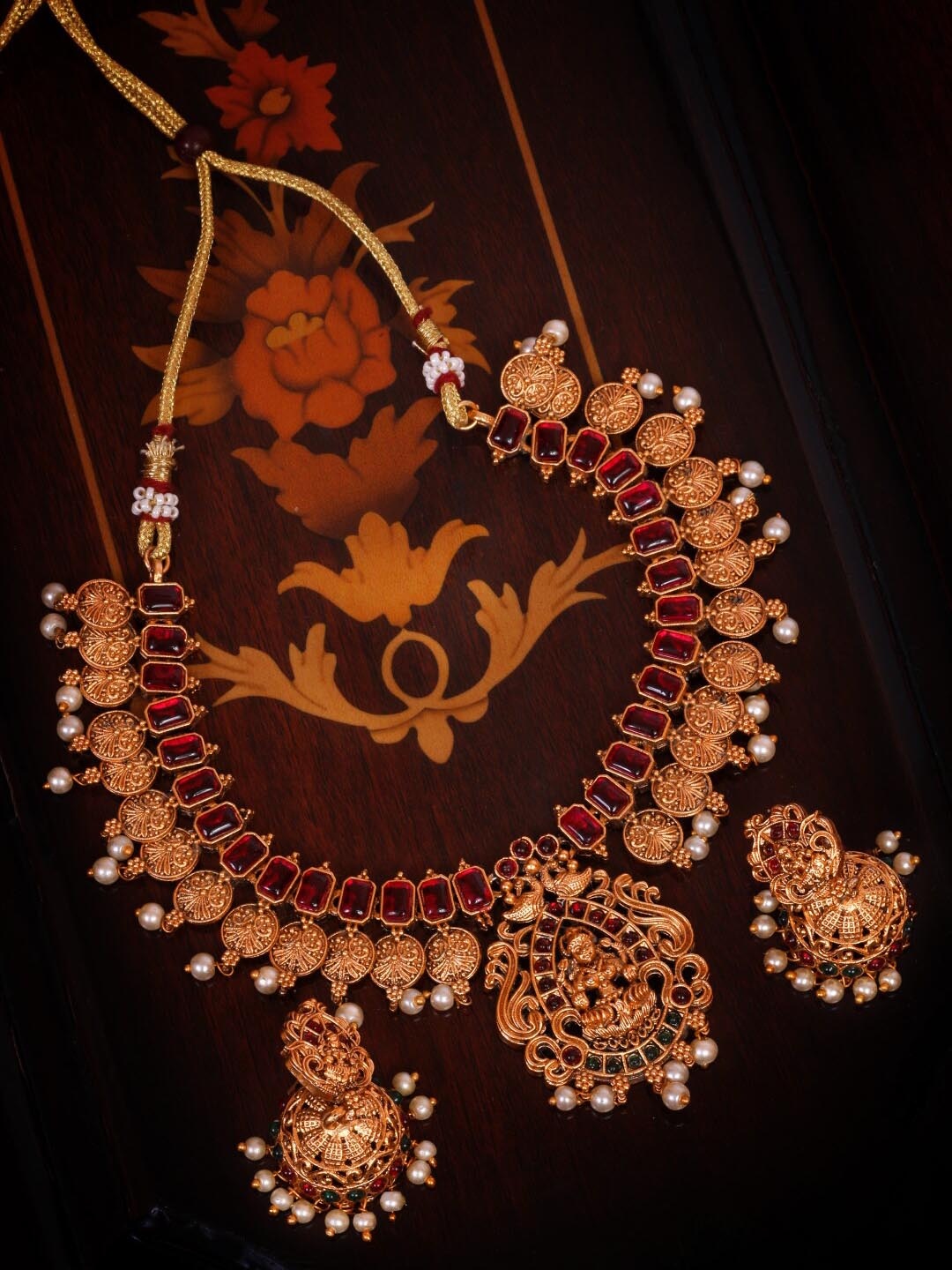 

GRIIHAM Gold-Plated & Pink Stone-Studded Temple Laxmi Coin Jewellery Set, Multi