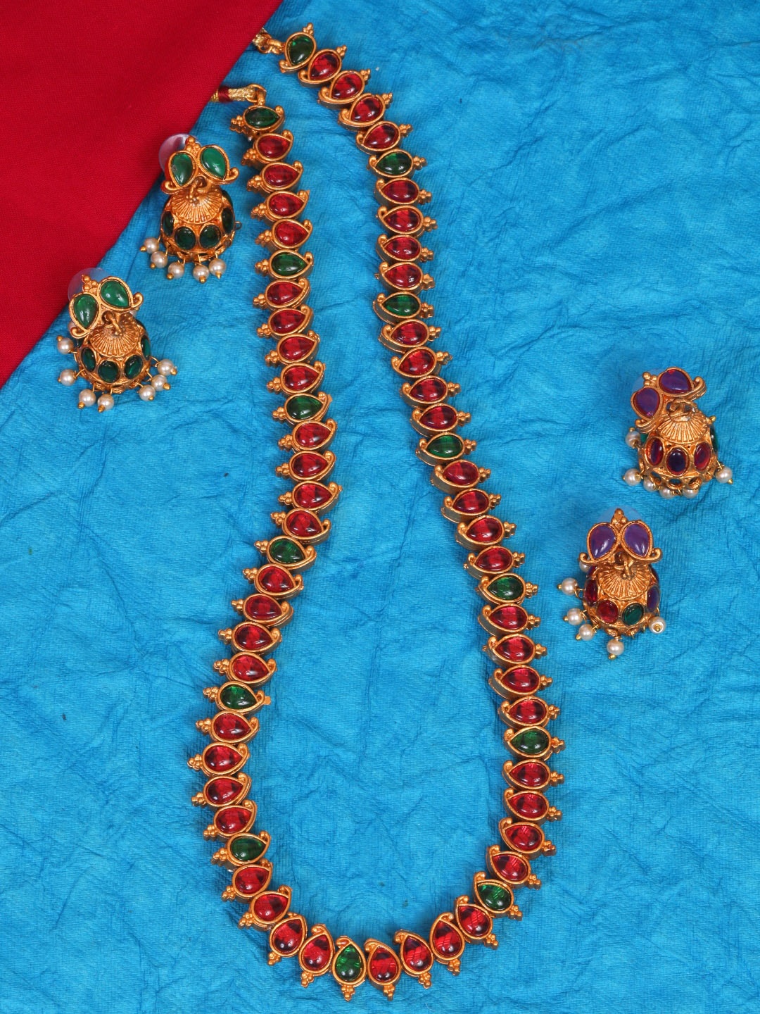 

GRIIHAM Gold-Plated Red & Green AD Stone-Studded Jewellery Set