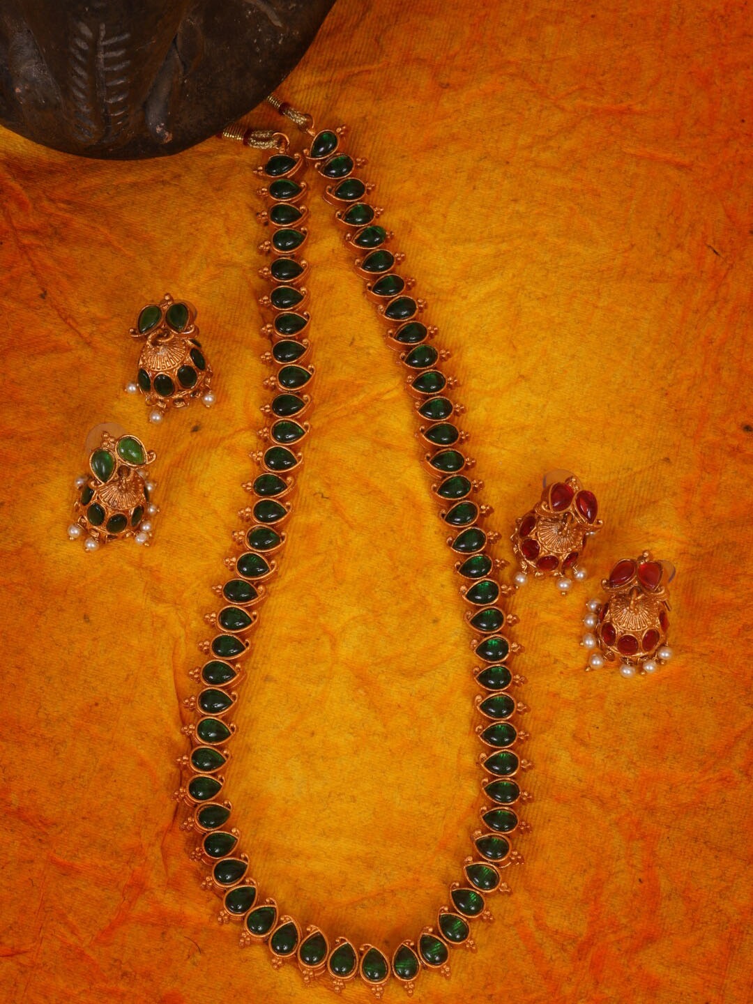 

GRIIHAM Gold-Plated White & Green AD-Studded & Pearl Beaded Jewellery Set