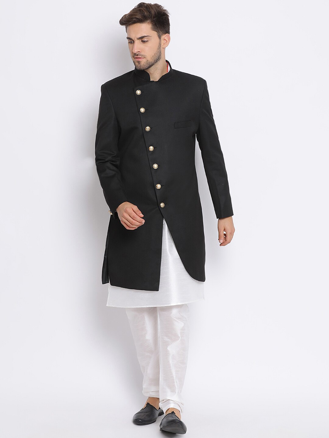 

Hangup Men Black & White Solid Silk Sherwani Set