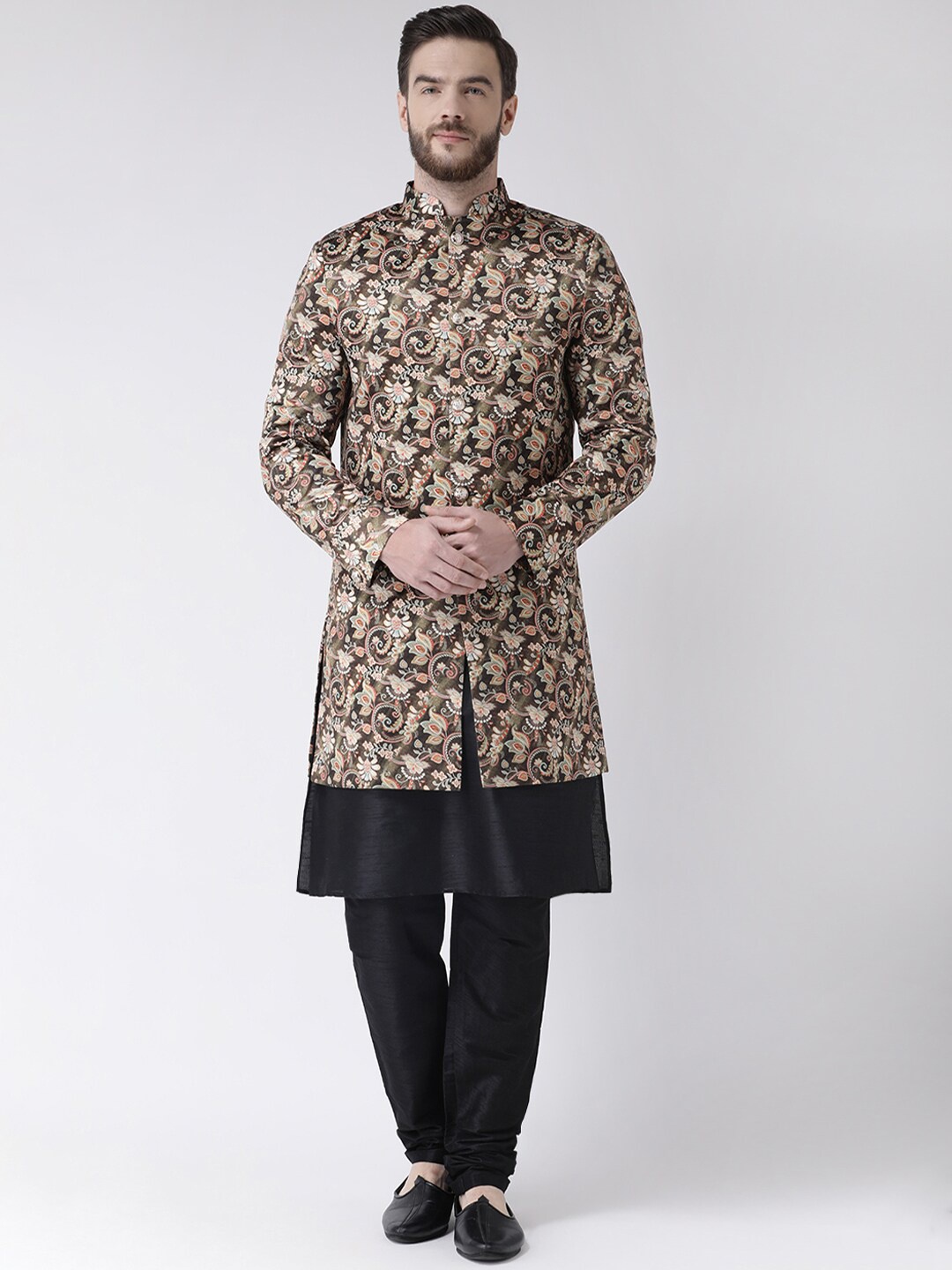 

Hangup Men Black & Brown Floral Printed Sherwani Set