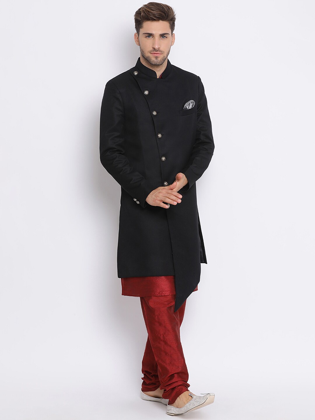 

Hangup Men Black & Red Solid Sherwani Set