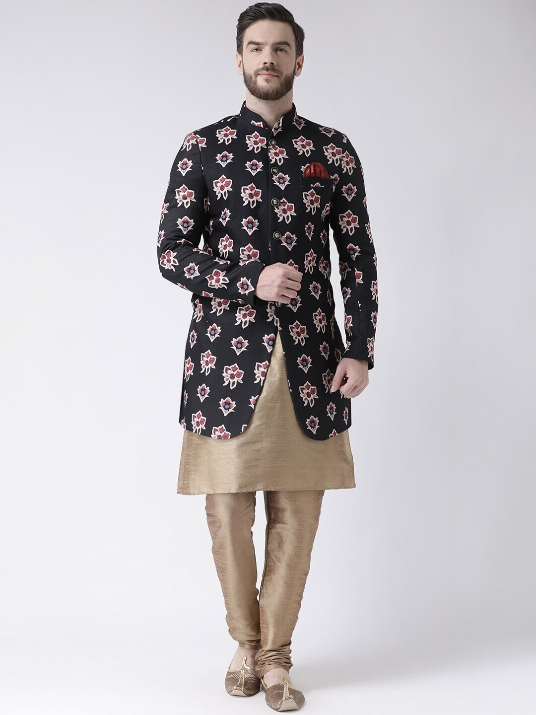 

Hangup Men Black and Gold-Coloured Printed 3-Pcs Sherwani Set, Multi