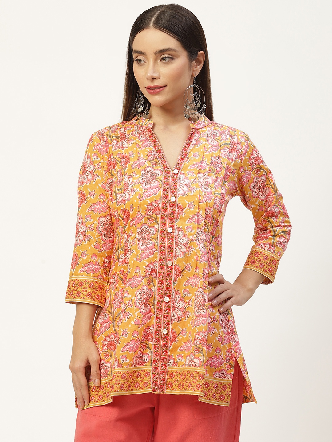 

Jaipur Morni Yellow & Pink Print Mandarin Collar Cotton A-line Top