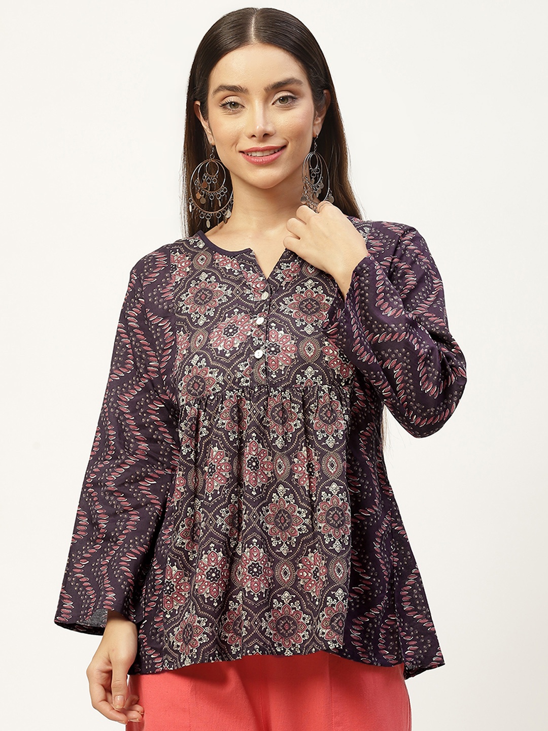 

Jaipur Morni Purple Print Cotton A-Line Top