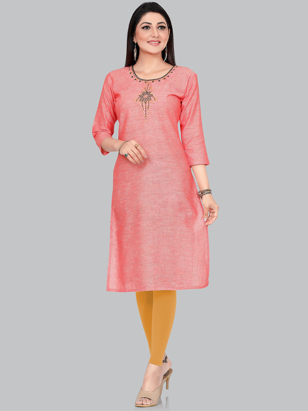 

Ayukti Women Pink Printed Pure Cotton Beads & Stones Round Neck Straight Kurta