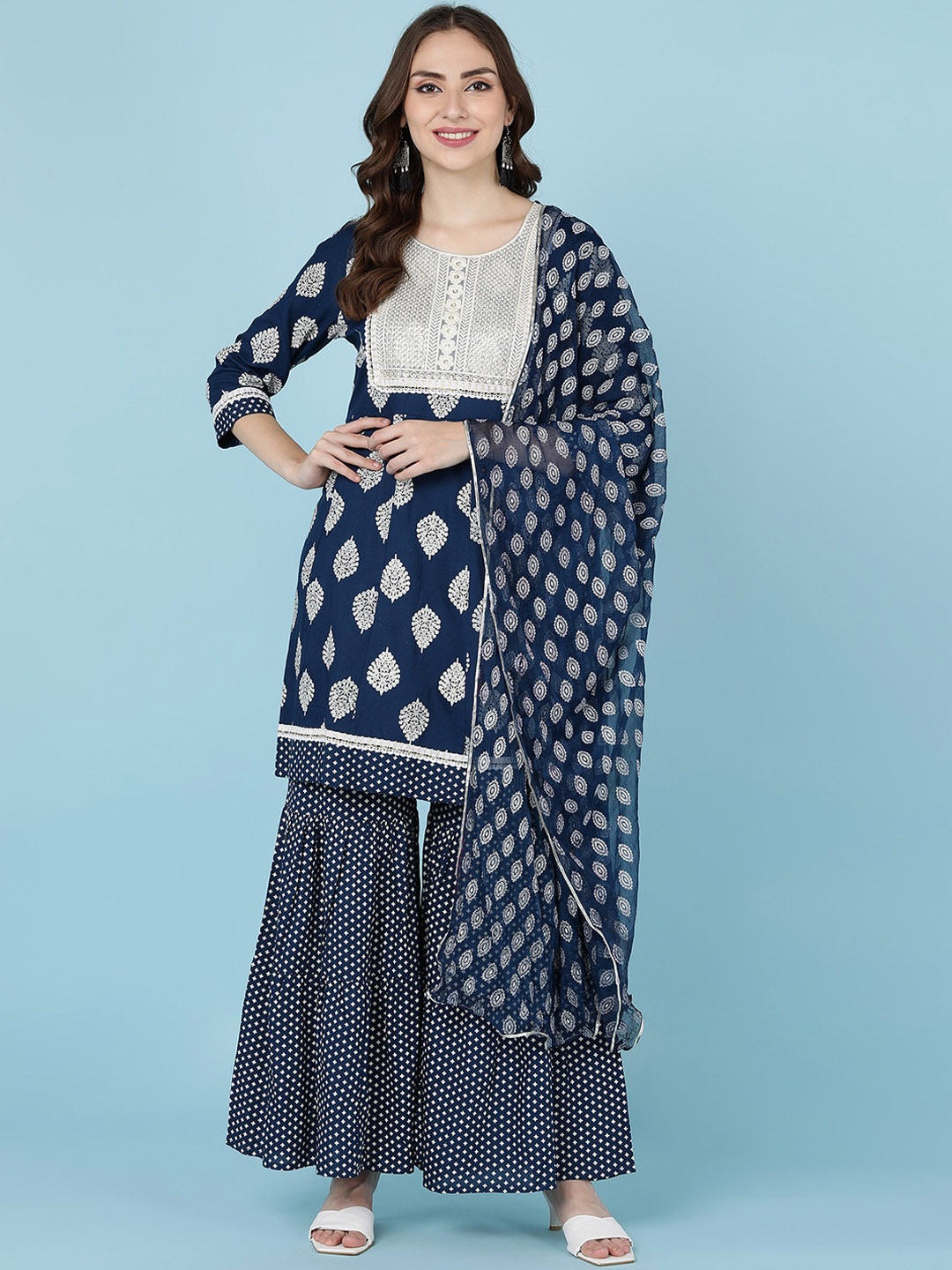 

JAIPUR PRIME Women Blue Ethnic Motifs Yoke Design Layered Kurta with Sharara & With Dupatta