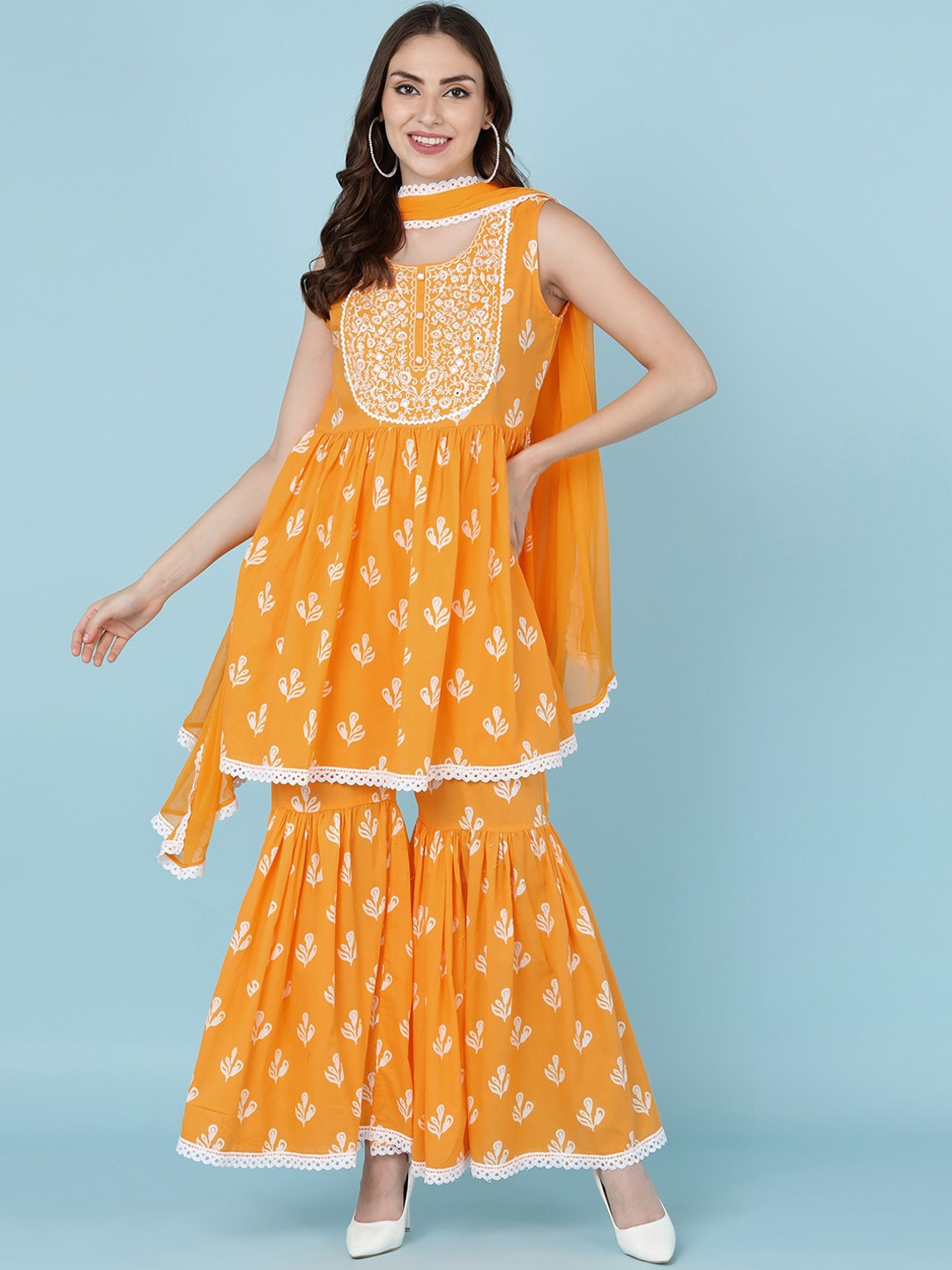 

JAIPUR PRIME Women Yellow Ethnic Motifs Striped Panelled Pure Cotton Kurta with Sharara & With Dupatta