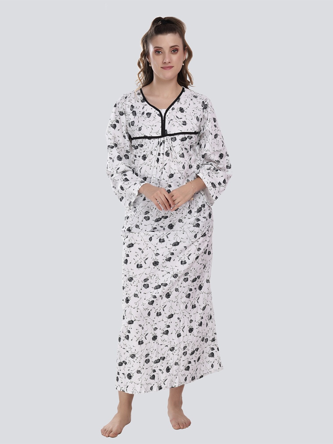 

CIERGE Women Black Printed Pure Cotton Maxi Nightdress