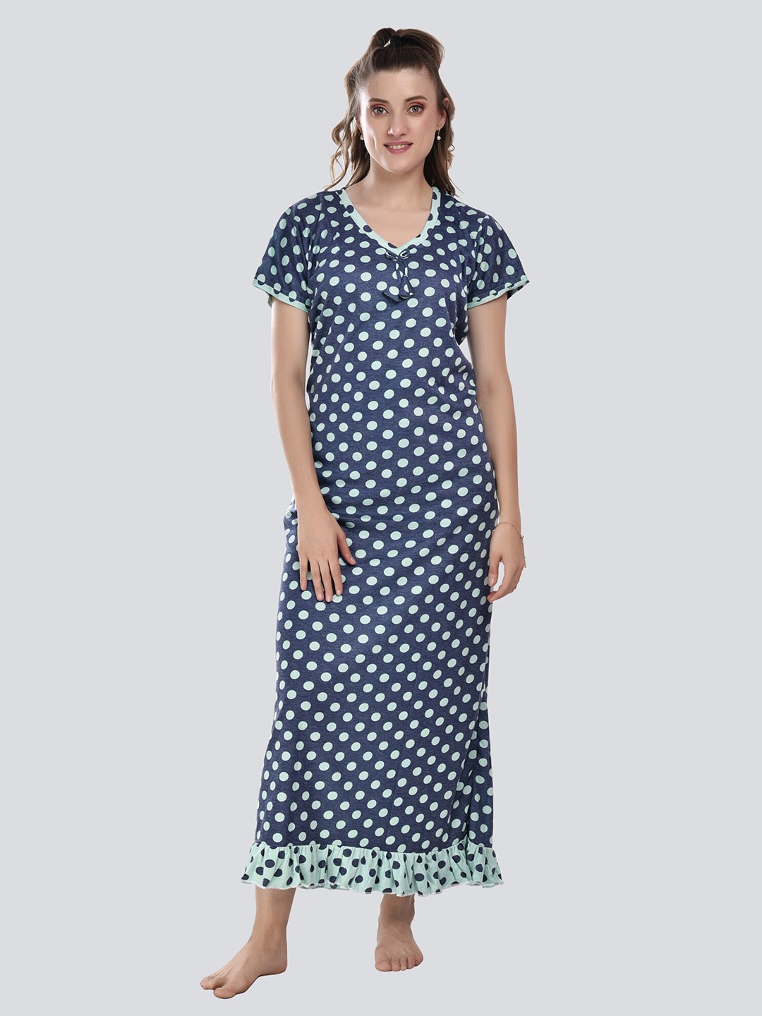 

CIERGE Blue Printed Pure Cotton Maxi Nightdress