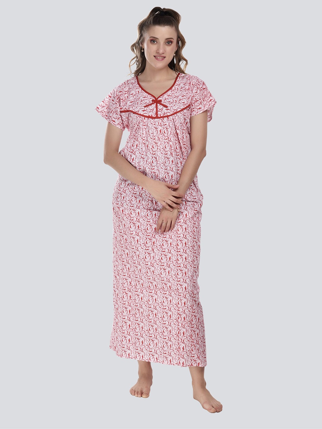 

CIERGE Women Red Printed Pure Cotton Maxi Nightdress